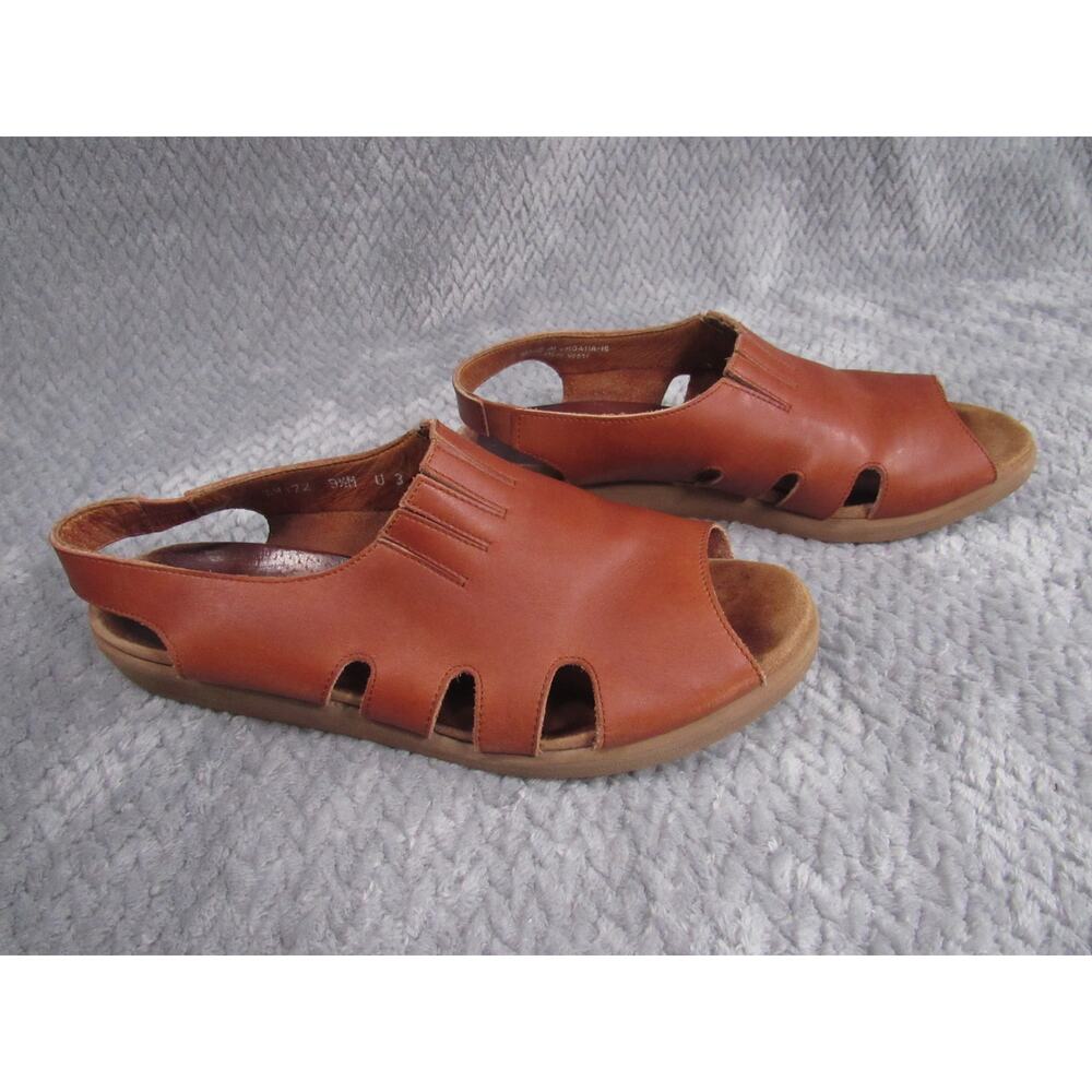 Rockport Womens Brown Leather Open Toe Sandals Slingback Comfort Flats Casual